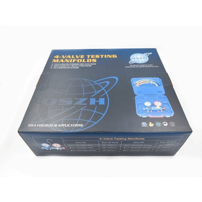 Манометрический коллектор DSZH CT-MC836G-R410A (R22/134/404/410, 4-х вентильный, шланги 90см 4шт. в кейсе)