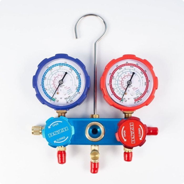 Манометрическая станция DSZH CT-336G-R410A (R22/134/404/407/410, 2-х вентильная, алюминиевый корпус, шланги 0.9м до 34 Bar, 1/4)