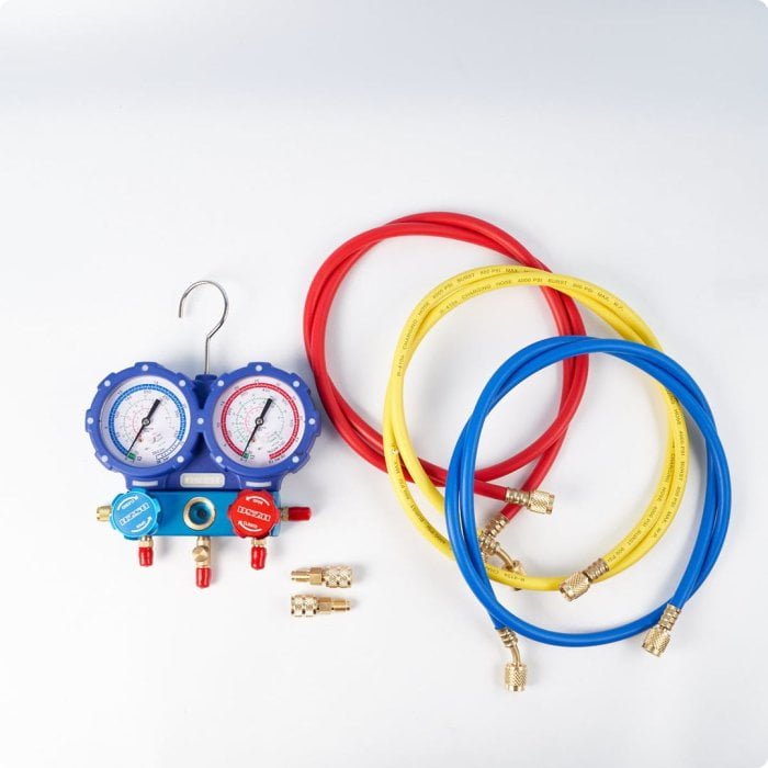 Манометрическая станция DSZH WK-P6002B (22/404/407/410; 2-х вентильный; шланги 1.5м до 55 Bar-1/4SAE, 2 адаптера R410 x R22, манометры 80мм, в кейсе)