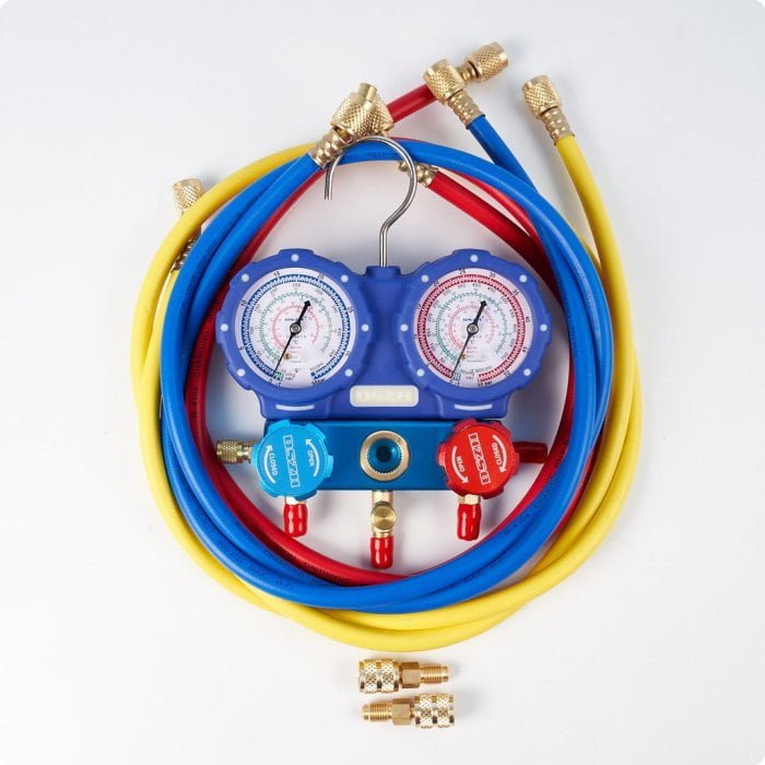 Манометрическая станция DSZH WK-P6002S (R22/404/134/410;2-х вентильный;шланги 1.5м до 55 Bar-1/4SAE, 2 адаптера R410 x R22,манометры 68мм,в кейсе)